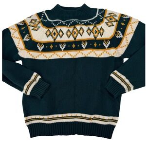 Vintage JCPenney Sweater M  Mock Neck Fair Isle Green Cream Yellow Womens